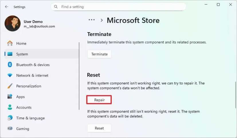 Опция исправления Microsoft Store