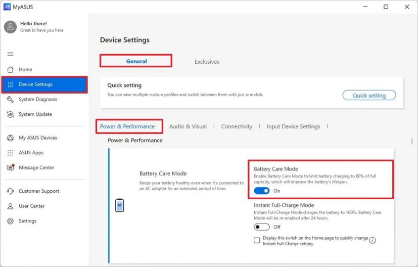 Включение Battery Care Mode