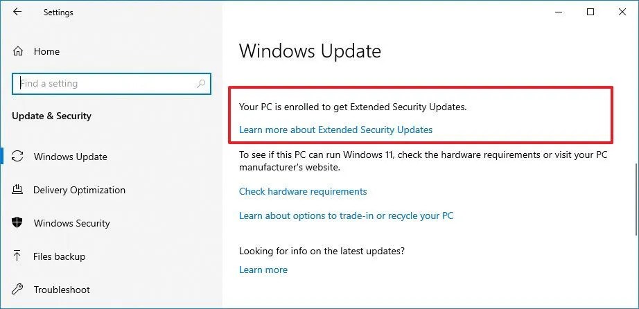 Подтверждение регистрации Windows 10 ESU