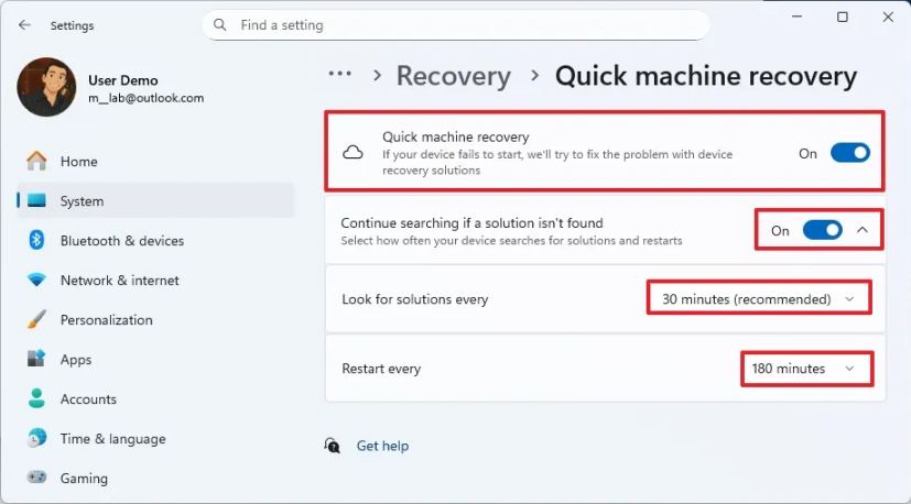 Включение быстрого восстановления системы