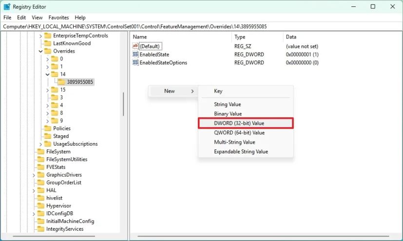 Создание DWORD параметра EnabledState