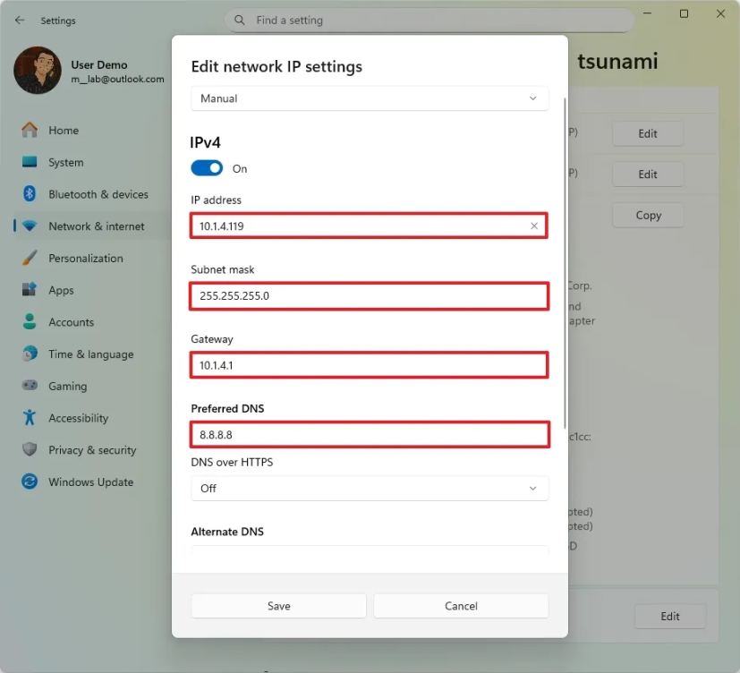 Назначение статического IP через Параметры