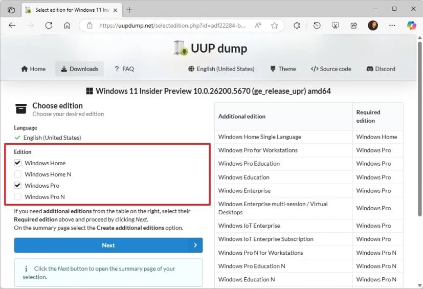 Выбор редакции Windows 11 25H2 в UUP Dump