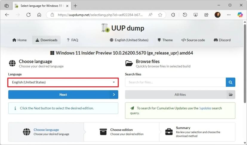Выбор языка в UUP Dump