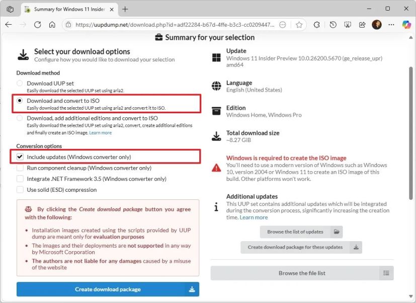 Настройки загрузки и конвертации в ISO UUP Dump