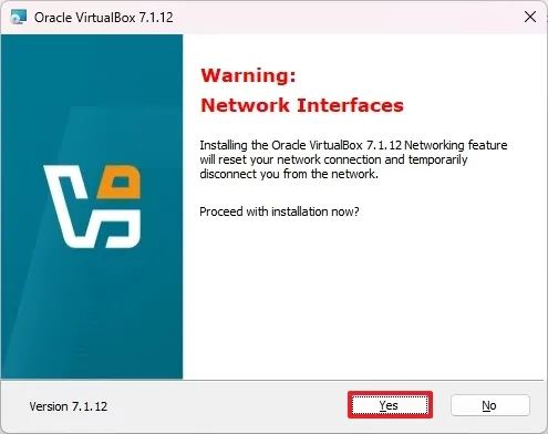 Предупреждение установки сетевого адаптера VirtualBox