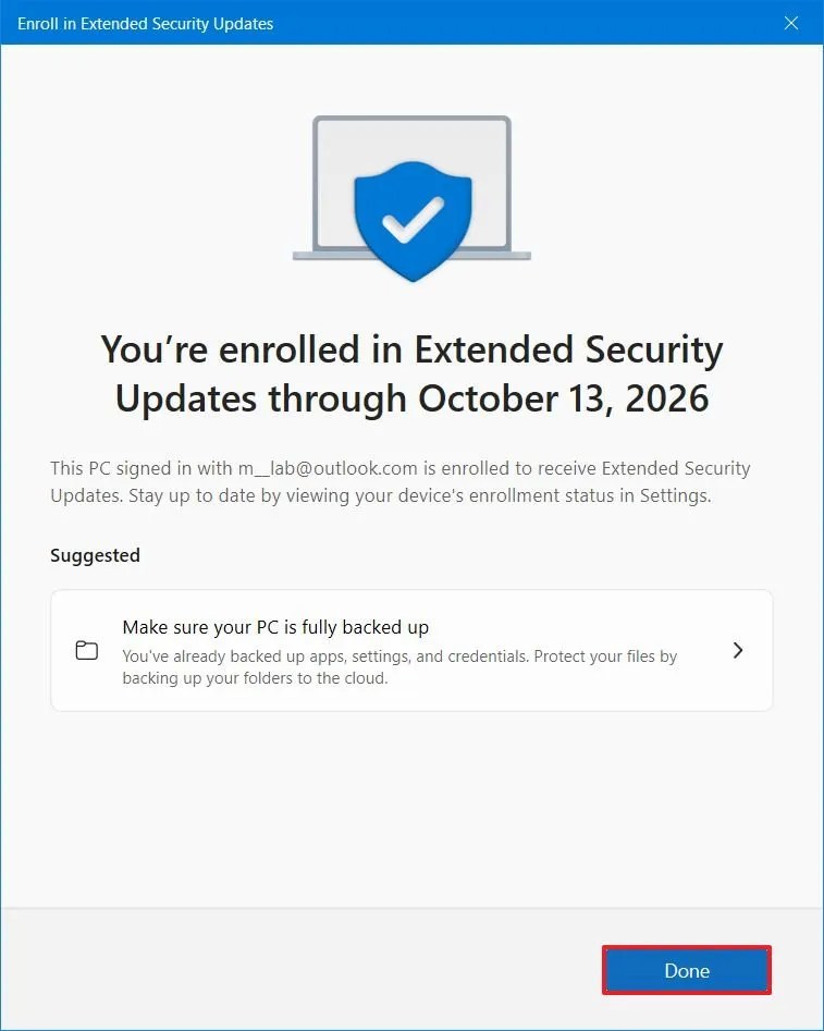 Завершение регистрации в ESU Windows 10