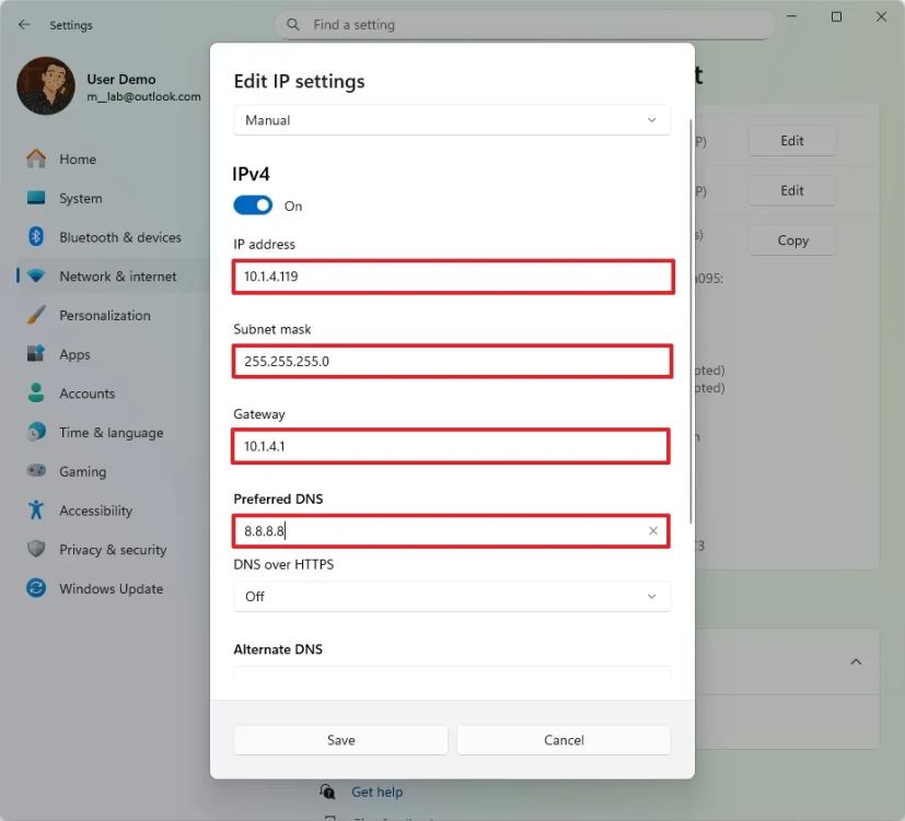 Настройка статического IP через Параметры