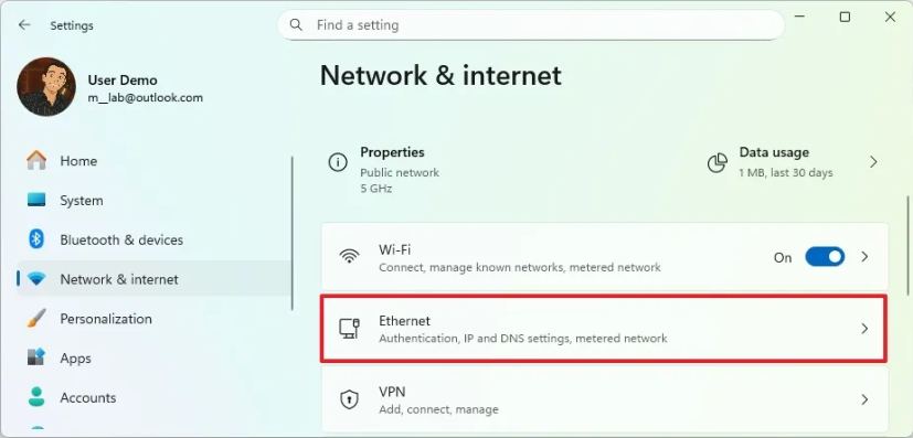 Открыть параметры Ethernet