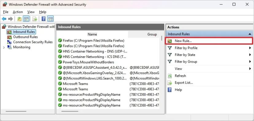 Создание нового правила брандмауэра Microsoft Defender