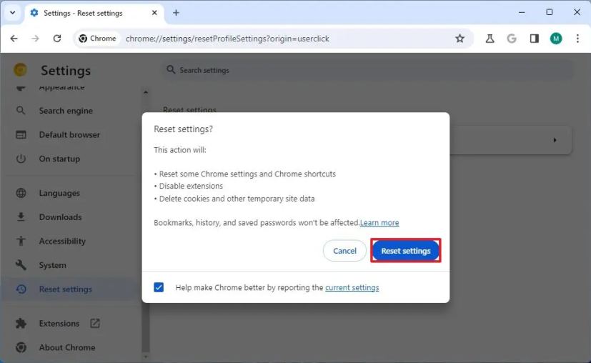 Chrome Reset button
