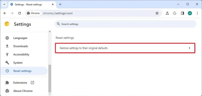 Chrome reset settings
