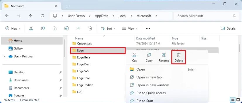 Удаление папки Edge для сброса браузера