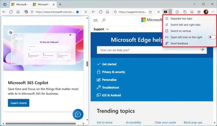 Меню Split screen в Edge