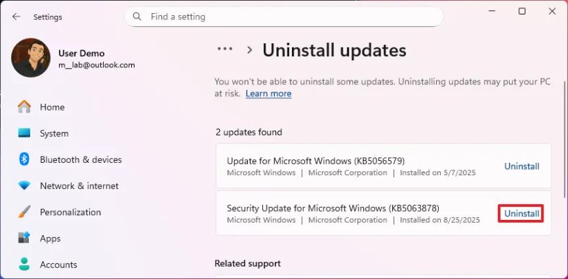 Удаление KB5063878 в Windows 11