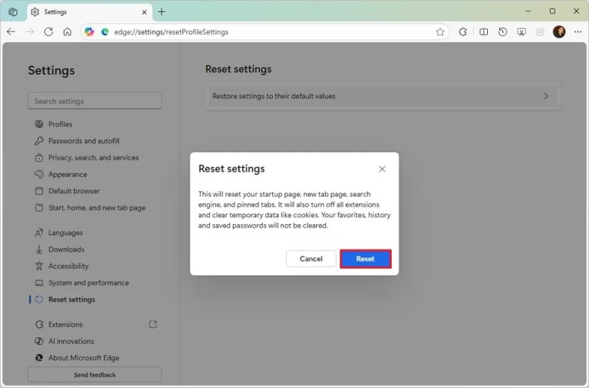 Опция сброса настроек Microsoft Edge
