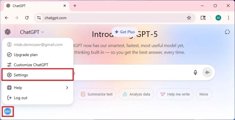 ChatGPT открыть параметры