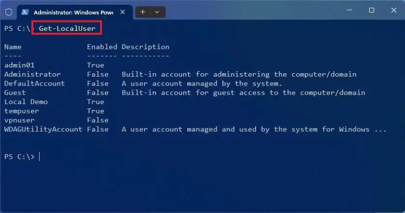 PowerShell — просмотр всех учетных записей
