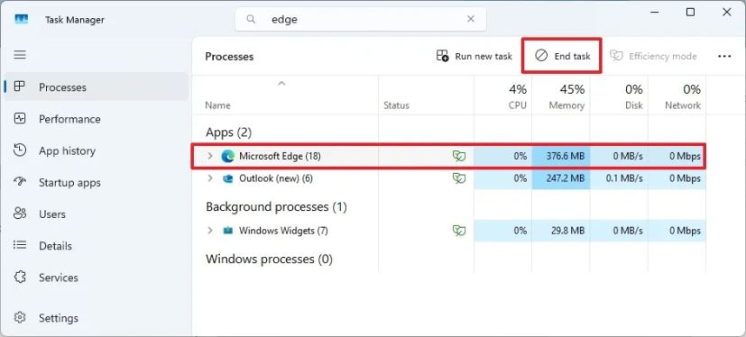 Диспетчер задач: завершение процессов Edge