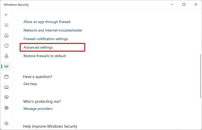 Расширенные настройки брандмауэра Windows