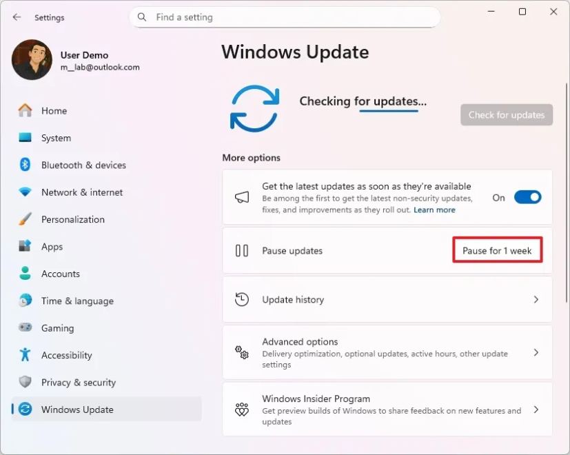 Опция приостановки обновлений в Windows 11