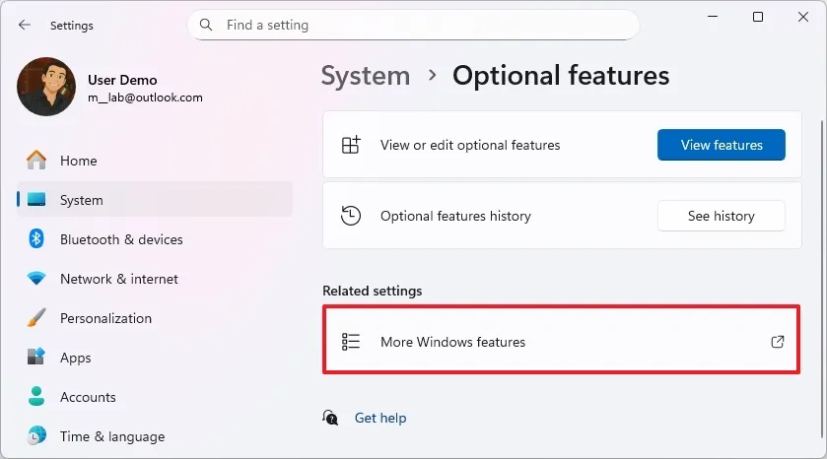 Параметр «Дополнительные компоненты Windows»