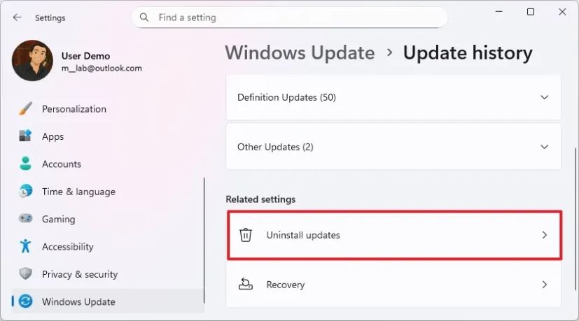 Параметр «Удалить обновления» в Windows 11