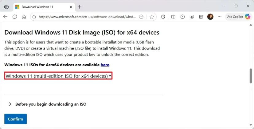 Windows 11 25H2 ISO download page