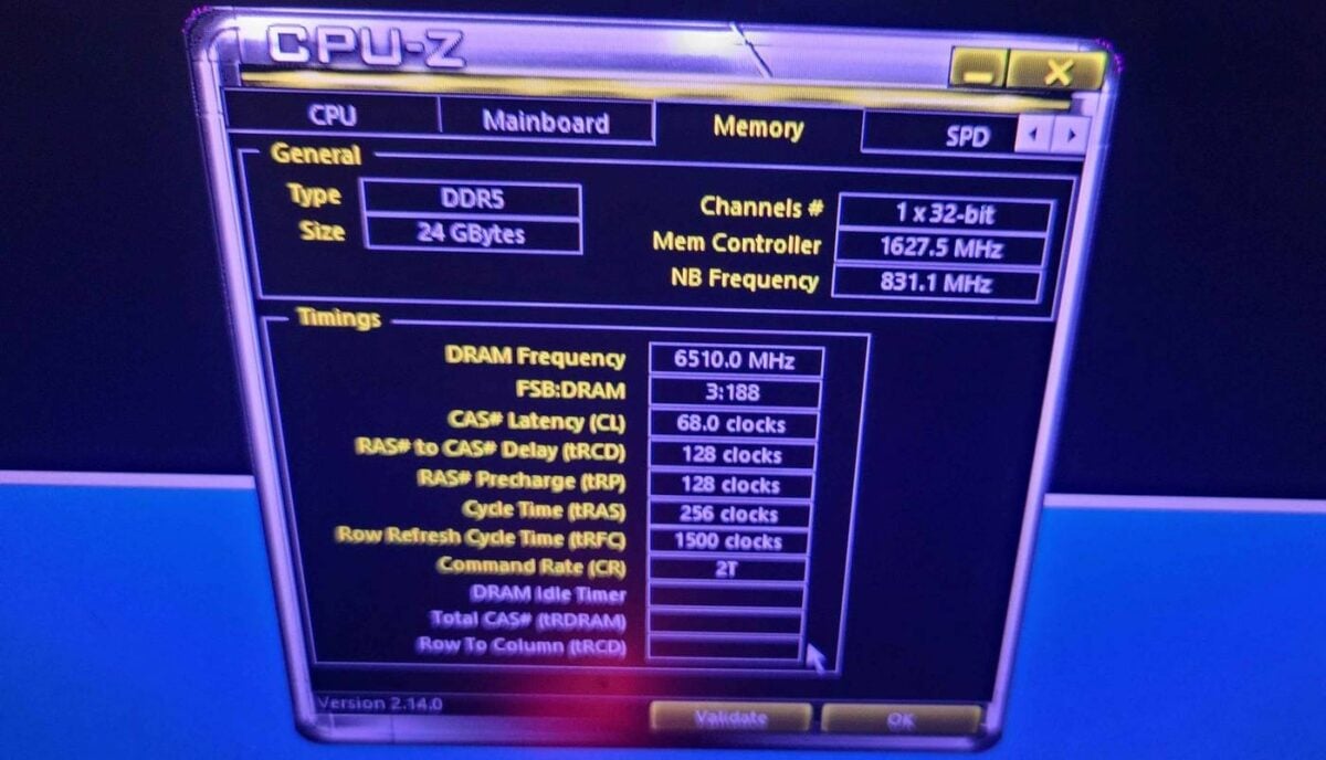 Скриншот валидации разгона DDR5 в CPU-Z с частотой 6510 МГц