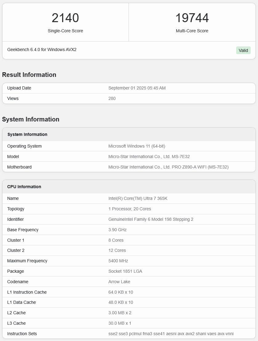 Процессор Intel Core Ultra 7 365K в базе Geekbench.