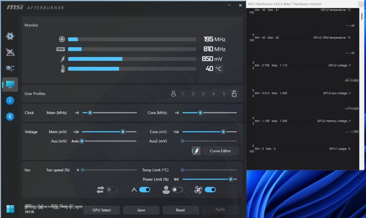 Интерфейс программы MSI Afterburner для разгона видеокарт.