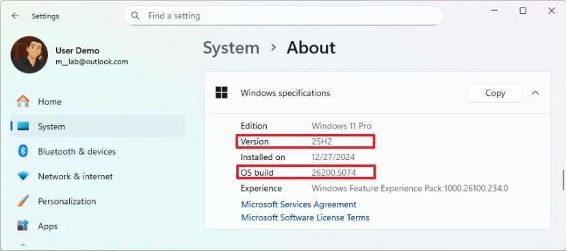 Settings About check version 25H2 installed