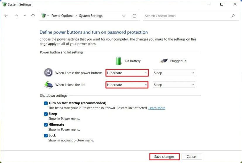 Enable Hibernate for power button and closing lid