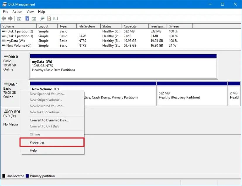 Disk Management properties