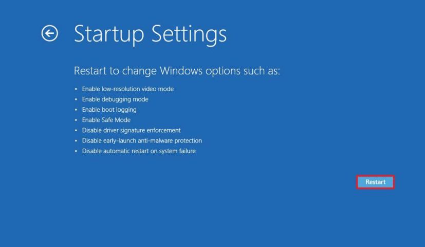 Параметры перезагрузки Windows 10