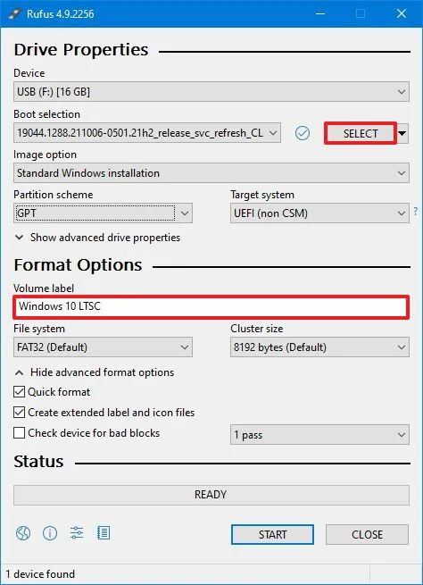 Rufus settings for Windows 10 LTSC USB