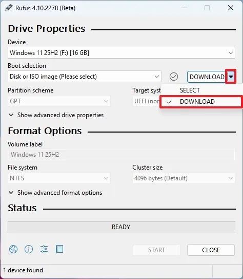 Rufus Windows 11 ISO download option