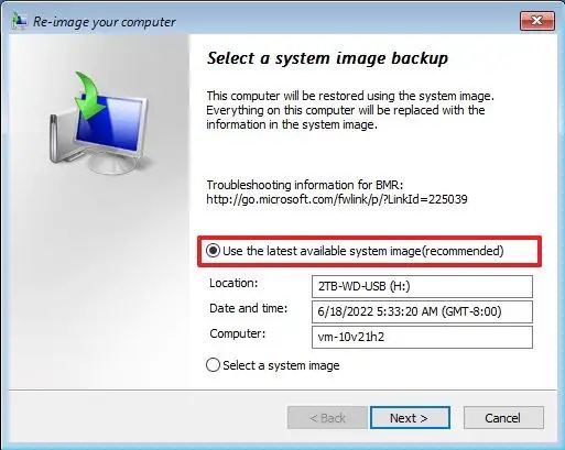 Select backup to restore