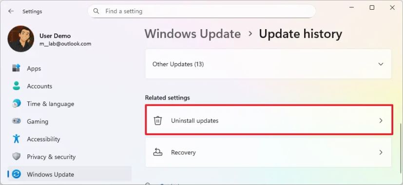 Uninstall update settings
