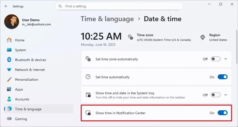 Show time in Notification Center setting