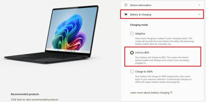 Surface limit battery charge to 80 percent
