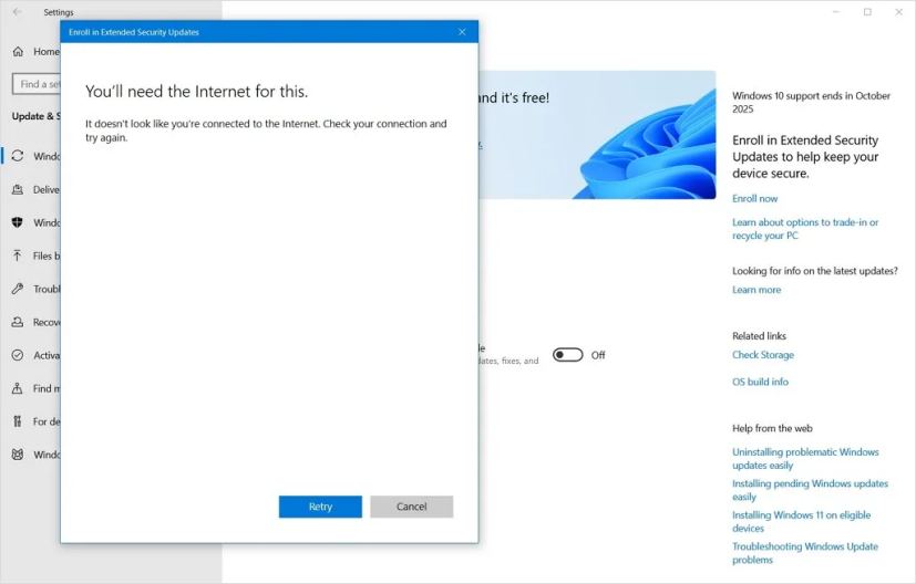 Windows 10 ESU Internet error
