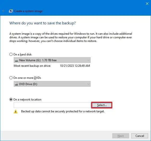 Windows 10 backup network destination