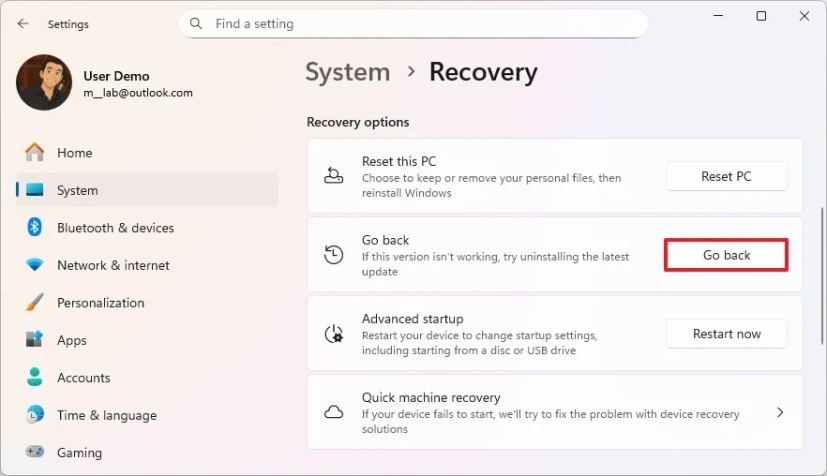 Windows 11 25H2 Go Back to 24h2 option