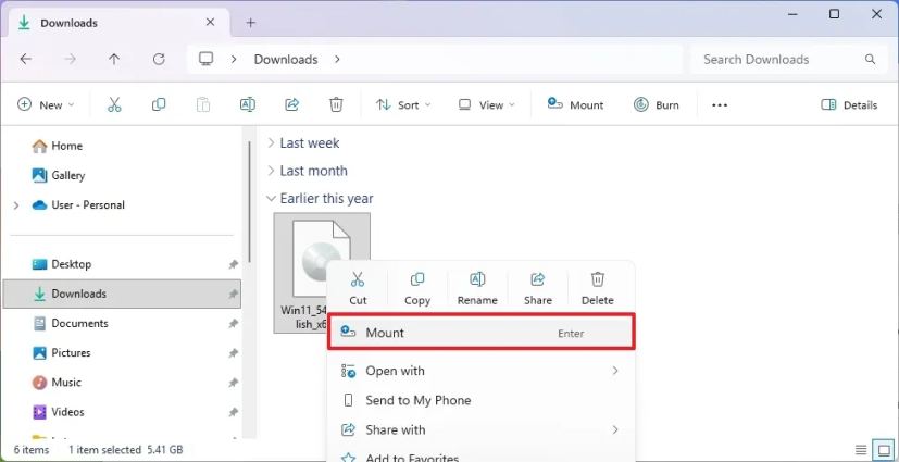 Mount Windows 11 25H2 ISO file in File Explorer