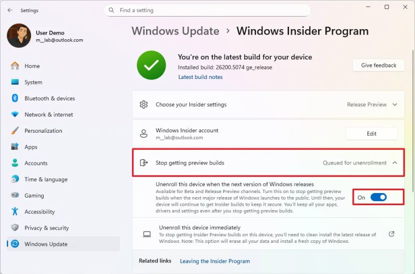 Windows 11 25H2 unenroll from Insider program