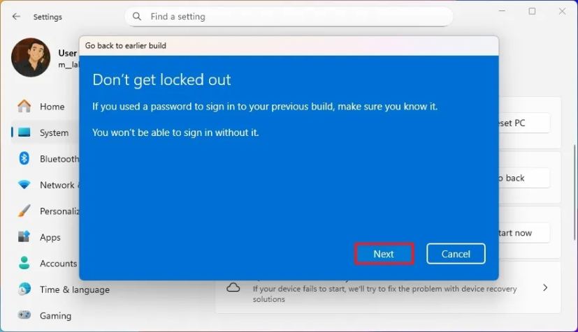 Windows 11 rollback password warning