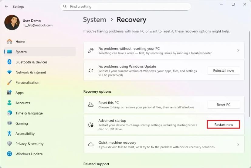 Windows 11 Settings Advanced startup restart option