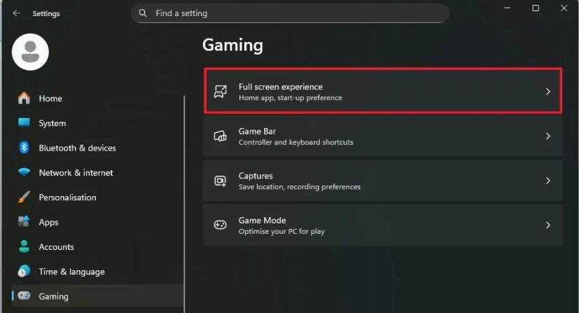 Windows 11 open Full screen experience page