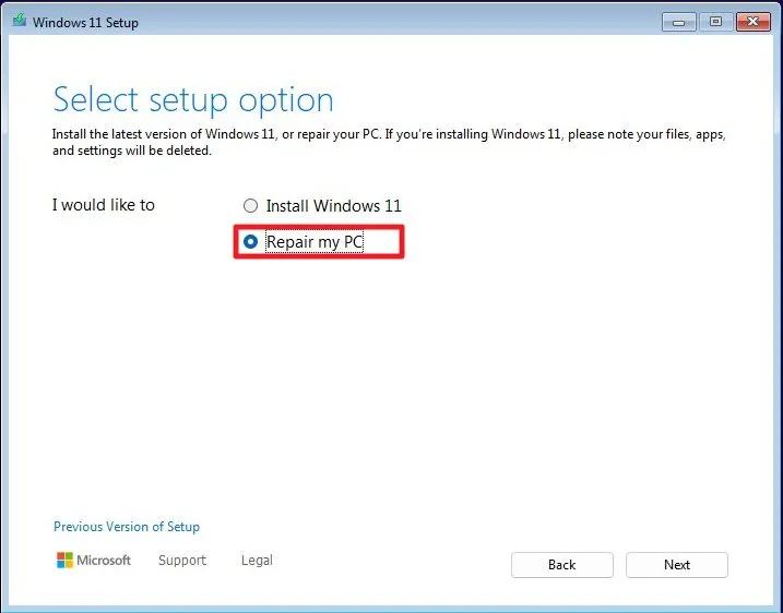 Windows 11 Setup Repair my PC option